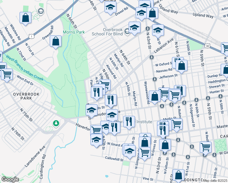 map of restaurants, bars, coffee shops, grocery stores, and more near 6546 Lebanon Avenue in Philadelphia