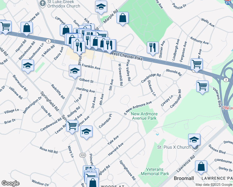 map of restaurants, bars, coffee shops, grocery stores, and more near 111 Morton Avenue in Broomall
