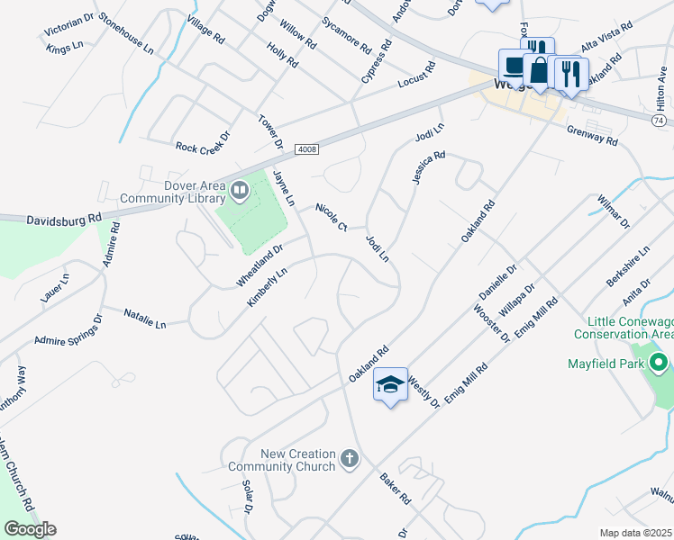 map of restaurants, bars, coffee shops, grocery stores, and more near 3208 Kiersten Drive in Dover