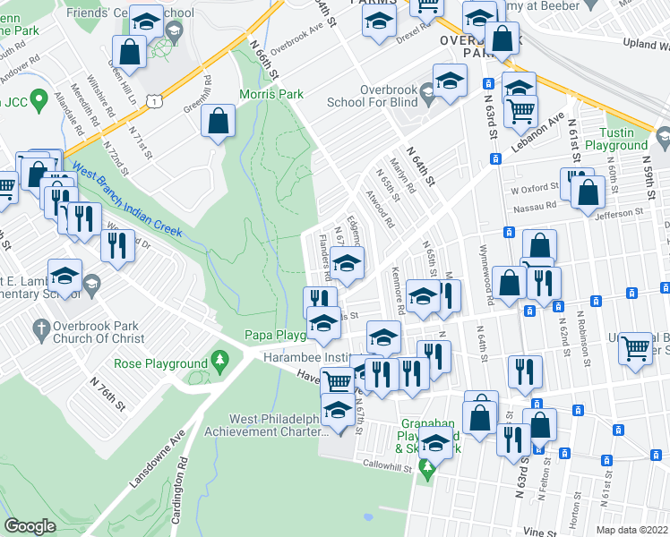 map of restaurants, bars, coffee shops, grocery stores, and more near West Oxford Street in Philadelphia