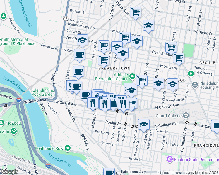map of restaurants, bars, coffee shops, grocery stores, and more near 1330 North 28th Street in Philadelphia
