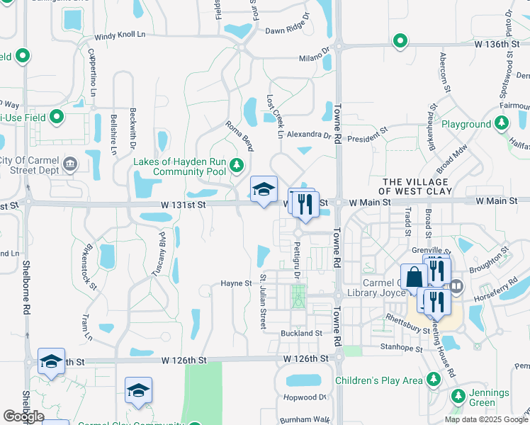 map of restaurants, bars, coffee shops, grocery stores, and more near 13096 Moultrie Street in Carmel