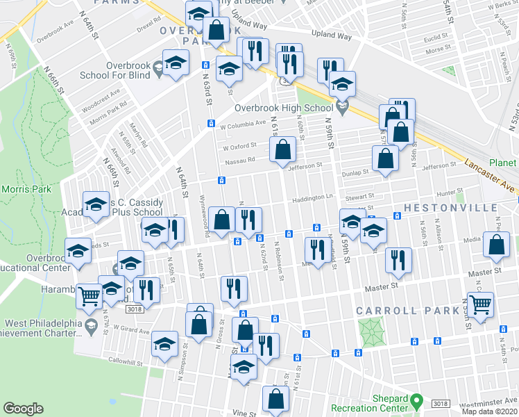map of restaurants, bars, coffee shops, grocery stores, and more near 1659 North 62nd Street in Philadelphia