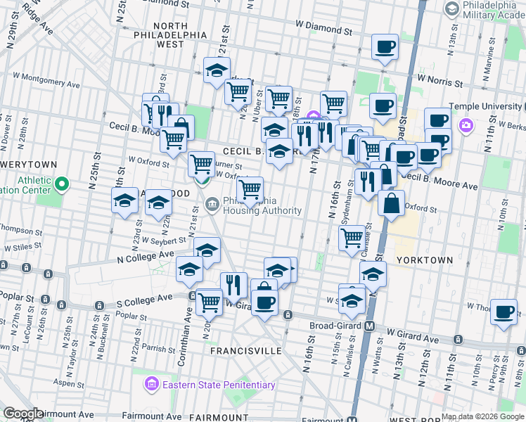 map of restaurants, bars, coffee shops, grocery stores, and more near 1500 North Gratz Street in Philadelphia