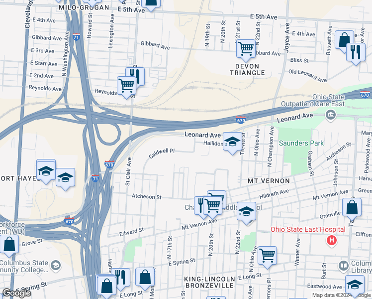 map of restaurants, bars, coffee shops, grocery stores, and more near 1042 Caldwell Place in Columbus