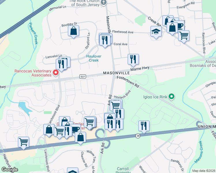 map of restaurants, bars, coffee shops, grocery stores, and more near 2404 Gramercy Way in Mount Laurel