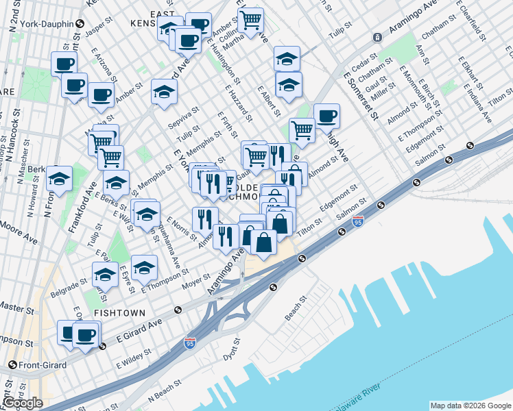 map of restaurants, bars, coffee shops, grocery stores, and more near 2600-40 East Hagert Street in Philadelphia
