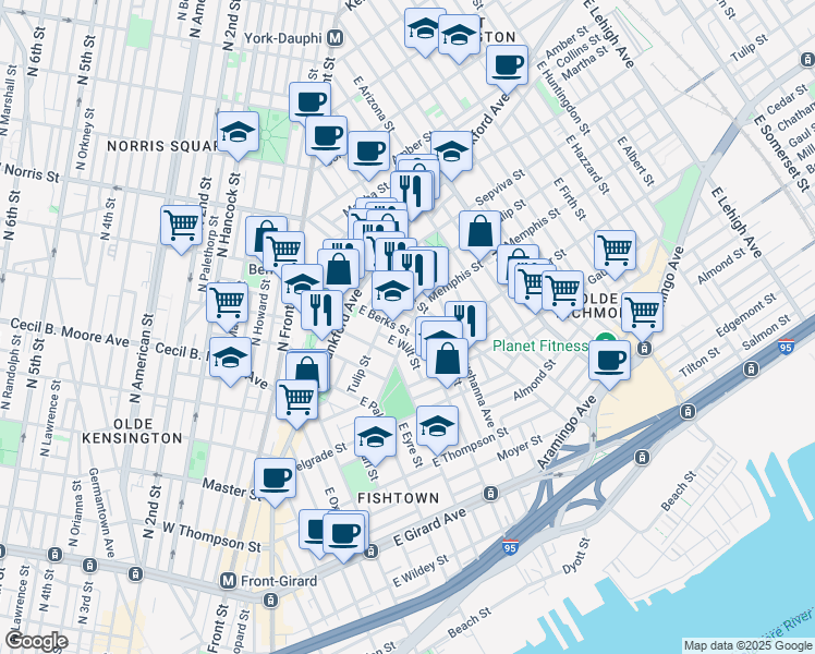 map of restaurants, bars, coffee shops, grocery stores, and more near in Philadelphia