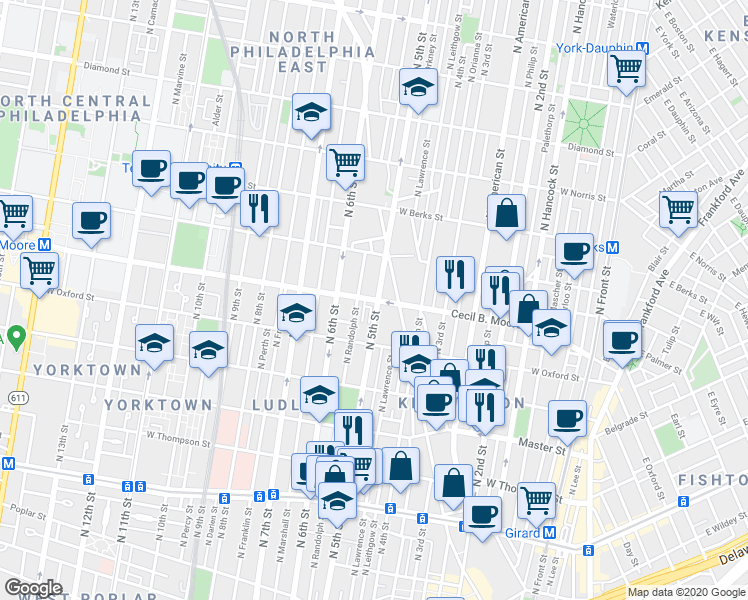 map of restaurants, bars, coffee shops, grocery stores, and more near 1620-50 North 5th Street in Philadelphia