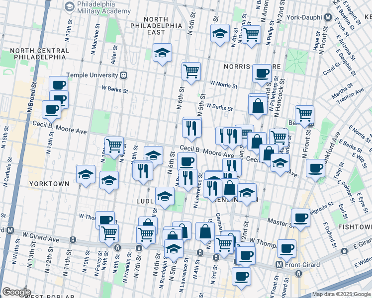 map of restaurants, bars, coffee shops, grocery stores, and more near 1620-50 North 5th Street in Philadelphia