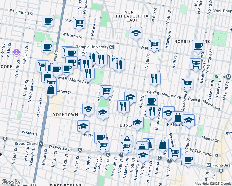 map of restaurants, bars, coffee shops, grocery stores, and more near 1617 North 8th Street in Philadelphia