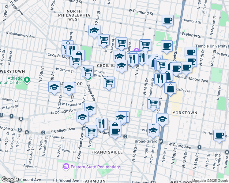 map of restaurants, bars, coffee shops, grocery stores, and more near 1445 North 19th Street in Philadelphia