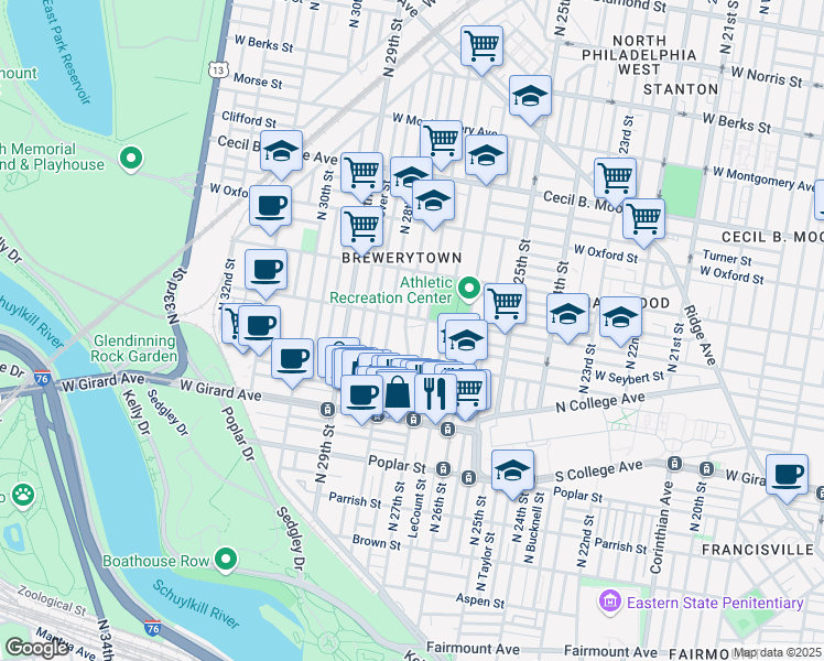 map of restaurants, bars, coffee shops, grocery stores, and more near 1322 North 27th Street in Philadelphia