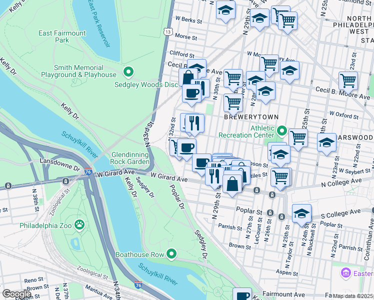 map of restaurants, bars, coffee shops, grocery stores, and more near in Philadelphia
