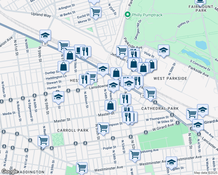 map of restaurants, bars, coffee shops, grocery stores, and more near 1529 North 54th Street in Philadelphia