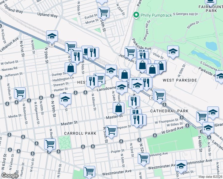 map of restaurants, bars, coffee shops, grocery stores, and more near 1529 North 54th Street in Philadelphia