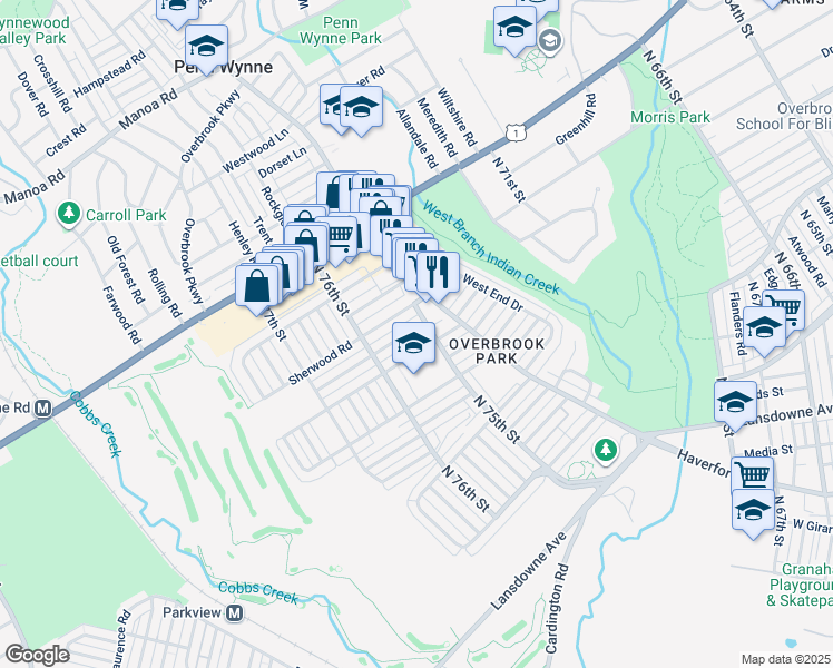 map of restaurants, bars, coffee shops, grocery stores, and more near 7511 Brookhaven Road in Philadelphia
