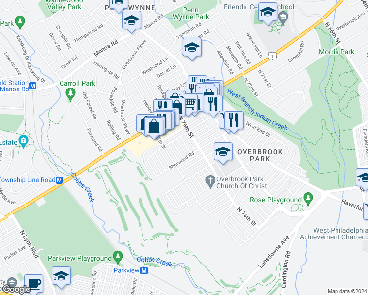 map of restaurants, bars, coffee shops, grocery stores, and more near 1824 Pennington Road in Philadelphia