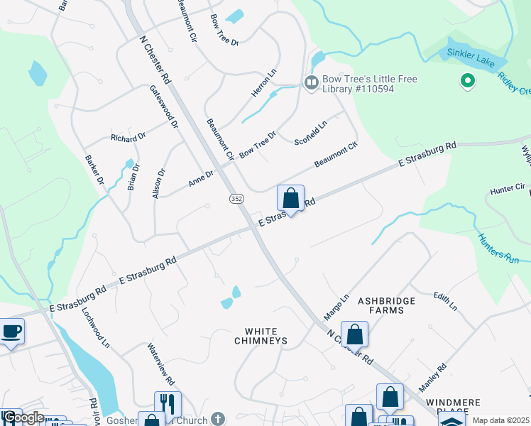 map of restaurants, bars, coffee shops, grocery stores, and more near 1603 East Strasburg Road in West Chester