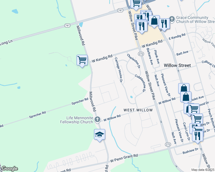 map of restaurants, bars, coffee shops, grocery stores, and more near 44 Hamels Court in Willow Street