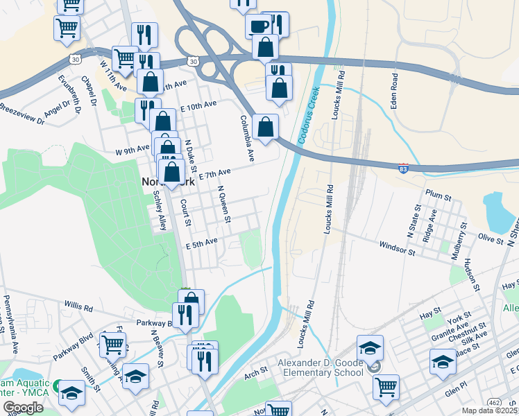 map of restaurants, bars, coffee shops, grocery stores, and more near 929 North Pine Street in York