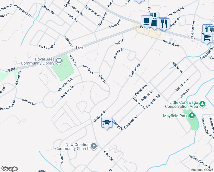 map of restaurants, bars, coffee shops, grocery stores, and more near 3506 Kimberly Lane in Dover