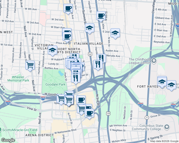 map of restaurants, bars, coffee shops, grocery stores, and more near 88 Brickel Street in Columbus