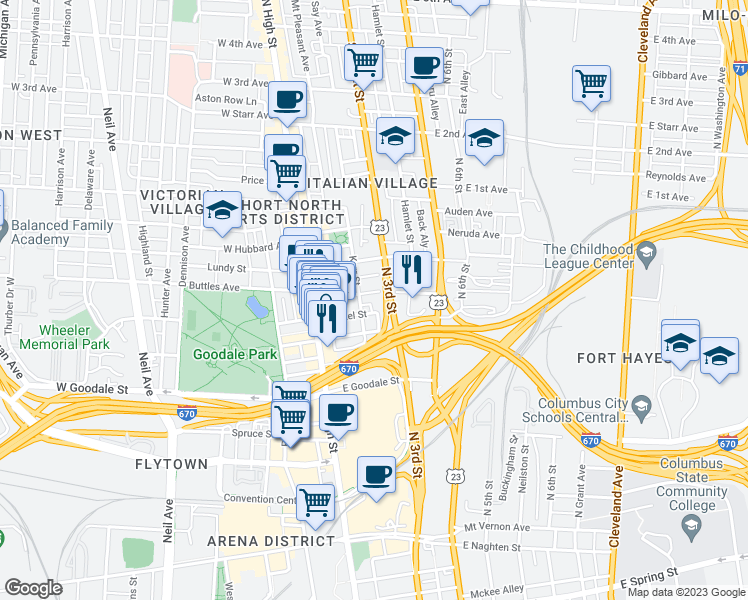 map of restaurants, bars, coffee shops, grocery stores, and more near 88 Brickel Street in Columbus