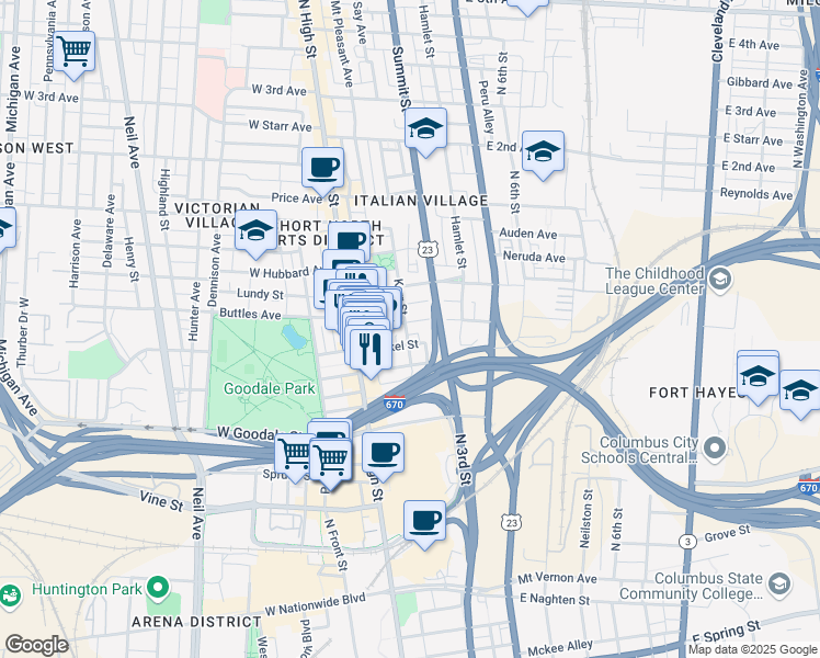 map of restaurants, bars, coffee shops, grocery stores, and more near 88 Brickel Street in Columbus