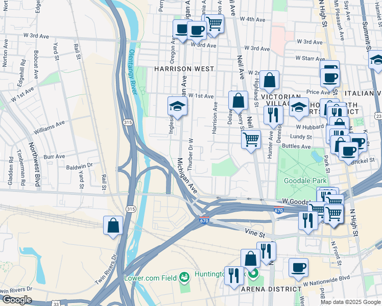 map of restaurants, bars, coffee shops, grocery stores, and more near 774 Thurber Drive West in Columbus