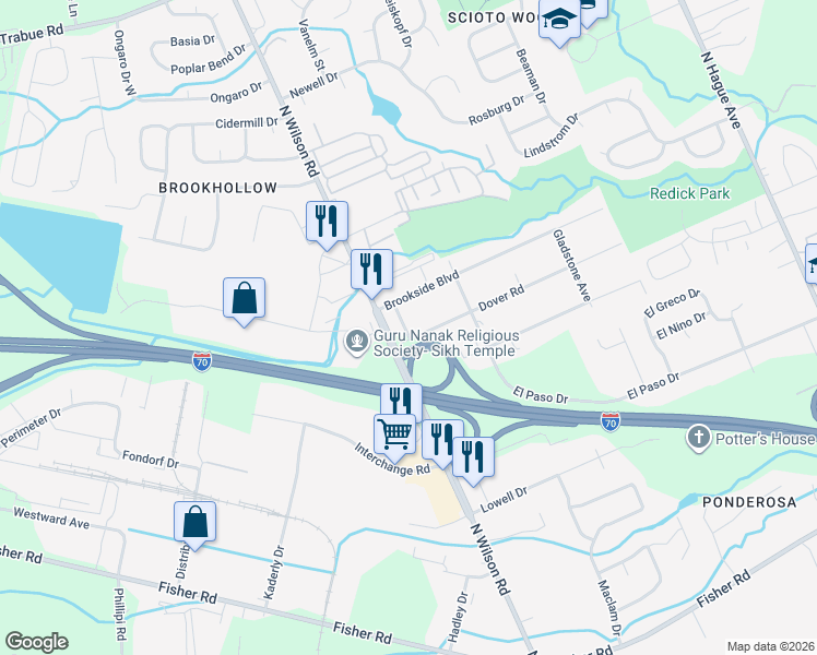 map of restaurants, bars, coffee shops, grocery stores, and more near 3570 Dover Road in Columbus