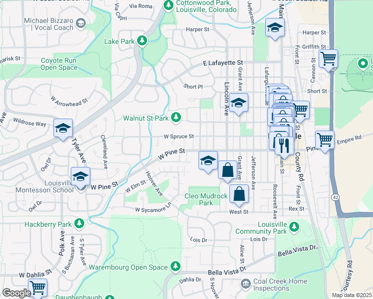 map of restaurants, bars, coffee shops, grocery stores, and more near 201 1/2 Pine Street in Louisville