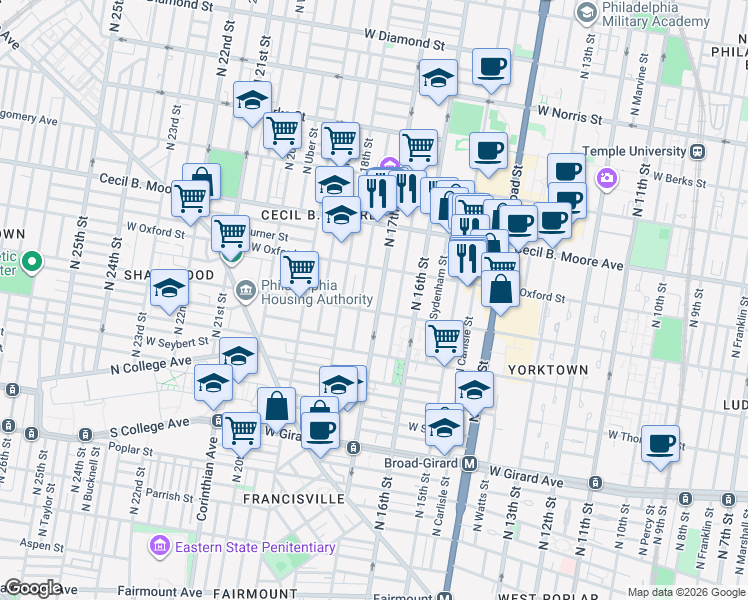 map of restaurants, bars, coffee shops, grocery stores, and more near 1684 West Jefferson Street in Philadelphia