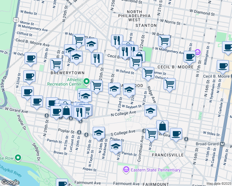 map of restaurants, bars, coffee shops, grocery stores, and more near 2321 Harlan Street in Philadelphia