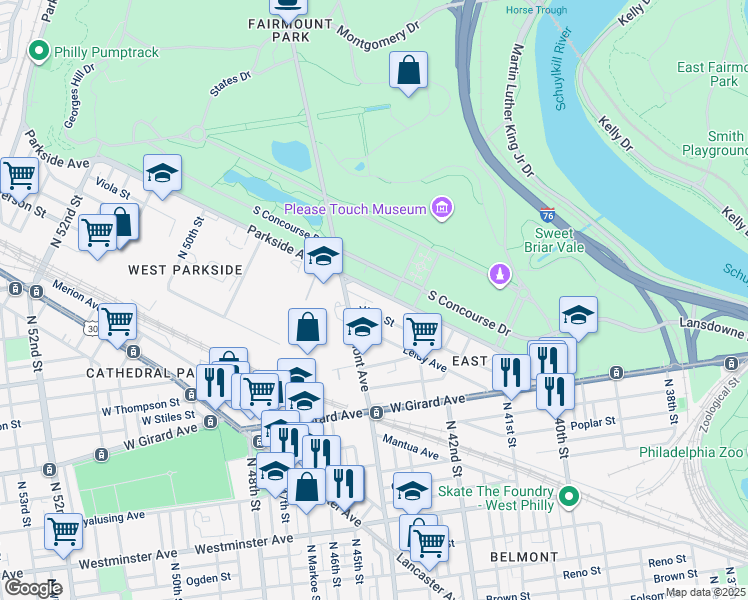 map of restaurants, bars, coffee shops, grocery stores, and more near 4264 Parkside Avenue in Philadelphia