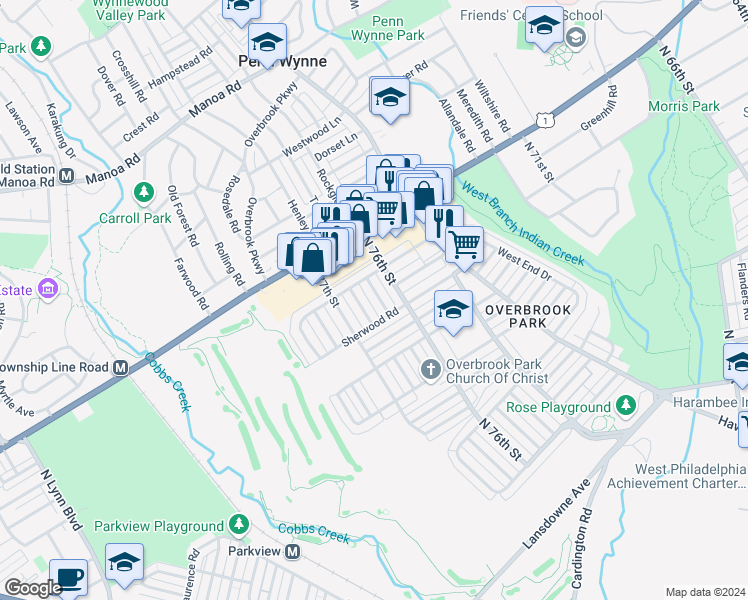 map of restaurants, bars, coffee shops, grocery stores, and more near 1824 Pennington Road in Philadelphia