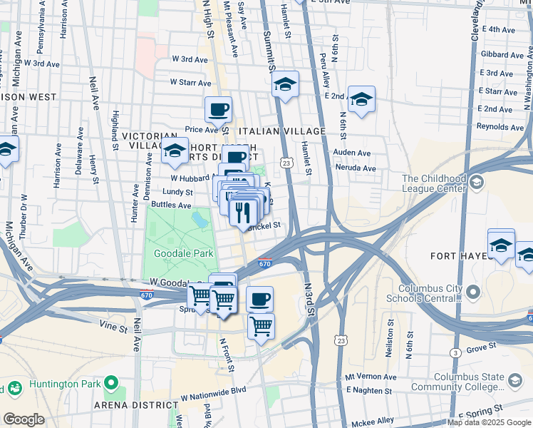 map of restaurants, bars, coffee shops, grocery stores, and more near 61 East Lincoln Street in Columbus