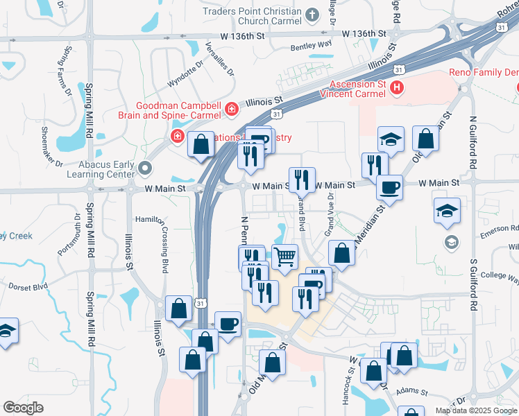 map of restaurants, bars, coffee shops, grocery stores, and more near 1430 Fairfax Manor Drive in Carmel