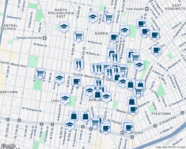 map of restaurants, bars, coffee shops, grocery stores, and more near 1710 North Orianna Street in Philadelphia