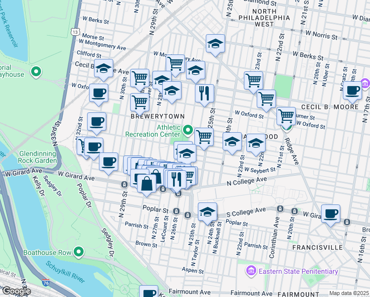 map of restaurants, bars, coffee shops, grocery stores, and more near 1344 North 26th Street in Philadelphia