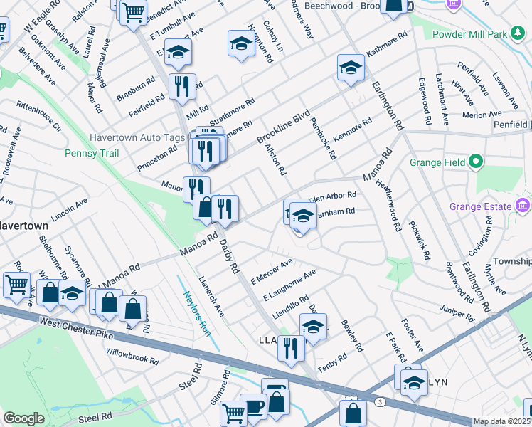 map of restaurants, bars, coffee shops, grocery stores, and more near 101 East Manoa Road in Havertown