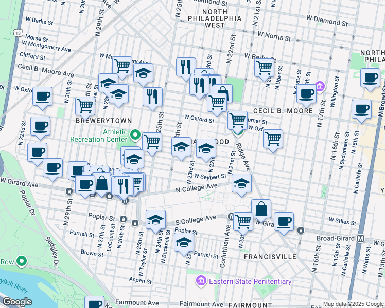 map of restaurants, bars, coffee shops, grocery stores, and more near 2304 Sharswood Street in Philadelphia