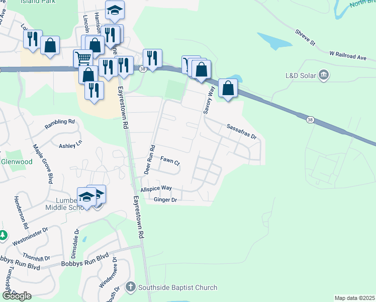 map of restaurants, bars, coffee shops, grocery stores, and more near 30 Coriander Drive in Lumberton