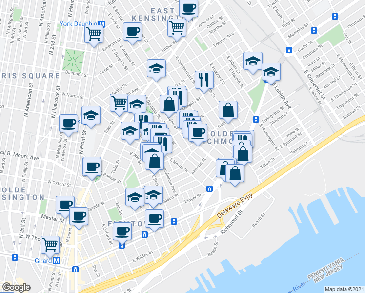 map of restaurants, bars, coffee shops, grocery stores, and more near 2447 East Dauphin Street in Philadelphia