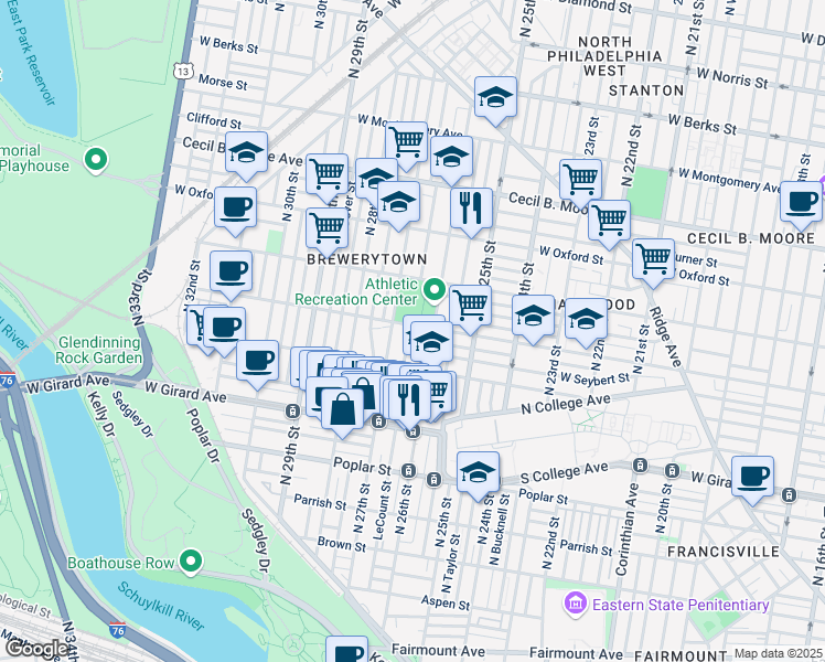 map of restaurants, bars, coffee shops, grocery stores, and more near 2626 Master Street in Philadelphia