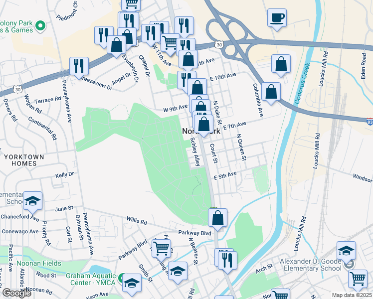 map of restaurants, bars, coffee shops, grocery stores, and more near 113 West 6th Avenue in York