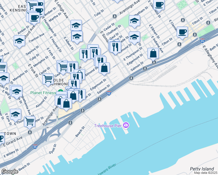 map of restaurants, bars, coffee shops, grocery stores, and more near 2663 Salmon Street in Philadelphia