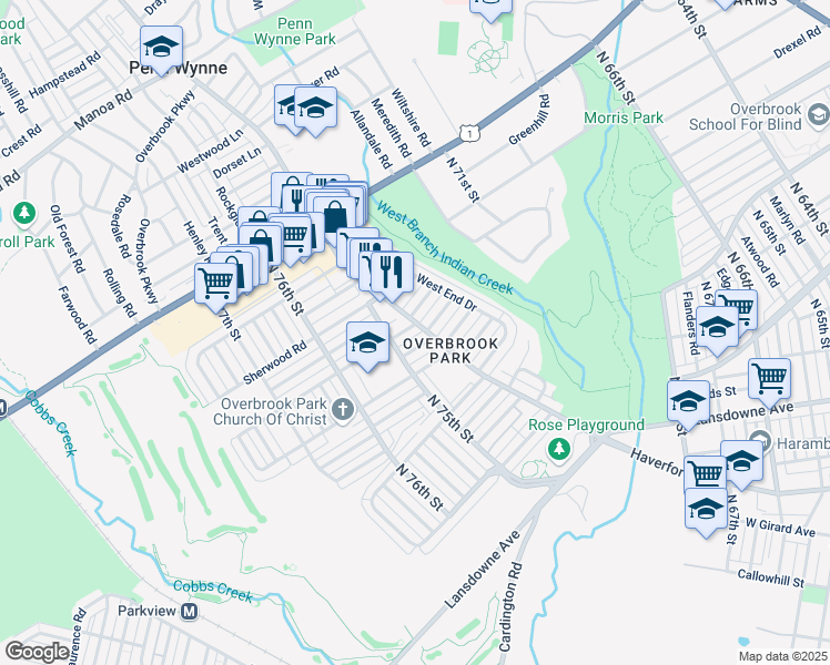 map of restaurants, bars, coffee shops, grocery stores, and more near 7419 Drexel Road in Philadelphia