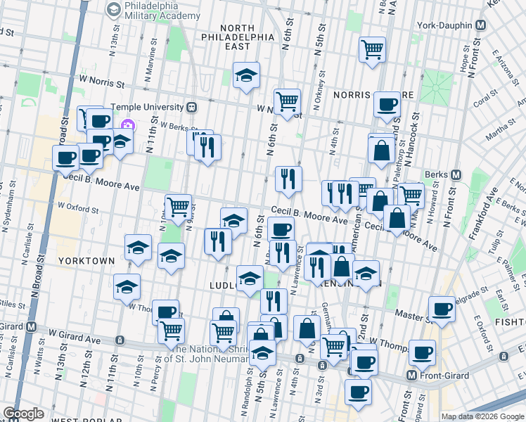 map of restaurants, bars, coffee shops, grocery stores, and more near 1636 North 6th Street in Philadelphia