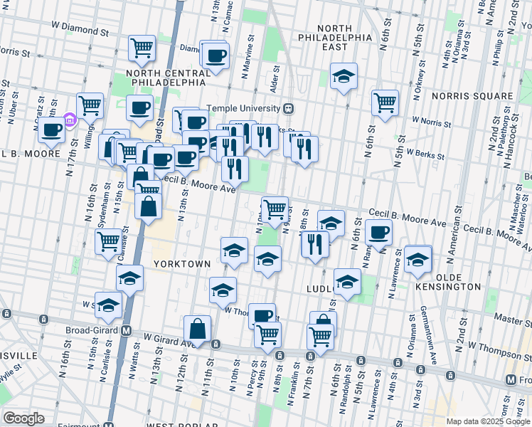 map of restaurants, bars, coffee shops, grocery stores, and more near 942 Turner Street in Philadelphia